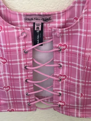 Dolls Kill Pink Plaid Lace-Up Crop Top with Bratz Heart Print thumbnail 3