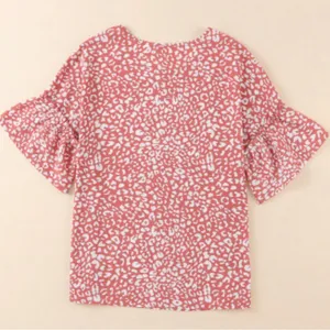 NEW Coral and Cream Leopard Print Ruffle Short Sleeve Blouse Size XL thumbnail 7