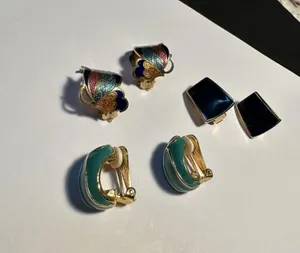 Lot Of 3 Gold Tone Clip On Earrings 2 With Colored Enamel 1 Cloisonné Style thumbnail 1