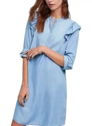 Anthropologie‎ Cloth & Stone Blue Denim Chambray Ruffle Shirt Dress XS thumbnail 1