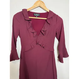 Lulus Burgundy Ruffle V-Neck Bell Sleeve Fit and Flare Mini Dress‎ XS thumbnail 5