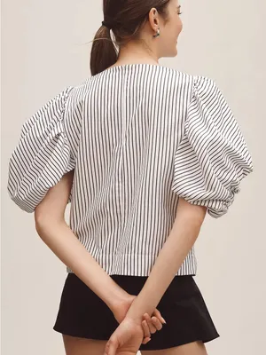 Anthropologie Maeve Puff-Sleeve Boatneck Top Striped Women’s Size Large Cotton thumbnail 2