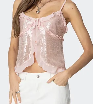 sequin ruffle split front top in light pink thumbnail 1