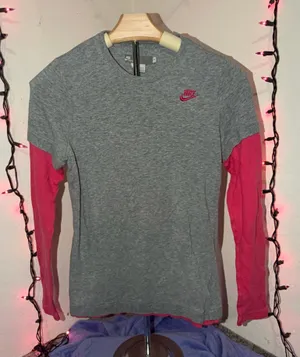 Nike Gray Long Sleeve Tee with Pink Contrast Sleeves thumbnail 1
