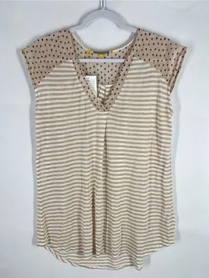 Anthropologie‎ Neutral Beige & White Striped V‑Neck Tee thumbnail 3