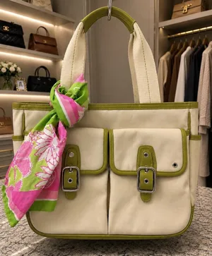 Coach 6734 Rare Vintage Hampton Garden Tote Ivory Green Canvas Leather Y2K Bag thumbnail 1