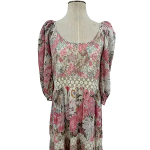 LoveShackFancy Evren Floral Lace Trim Puff Sleeve Cotton Maxi Dress Pink Small thumbnail 4