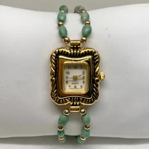 Women’s watch 21mm case quartz analog green gold tone beaded bracelet 7” running thumbnail 1