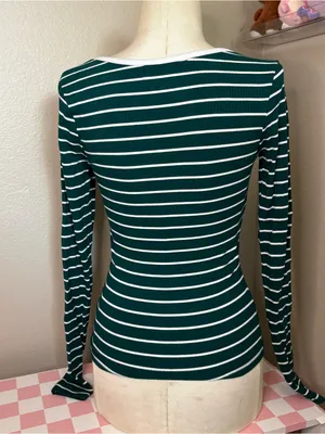 Riley daisy green preppy stripped long sleeve casual everyday y2k white XS thumbnail 3