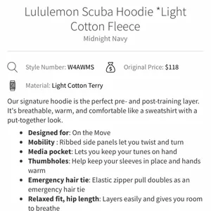Lululemon Scuba Hoodie Light Cotton Fleece in Midnight Navy Size 10 thumbnail 8
