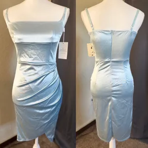 Linjou Light Blue Satin Ruched Bodycon Dress Square Neck Tulip‎ Hem NWT Size Med thumbnail 2