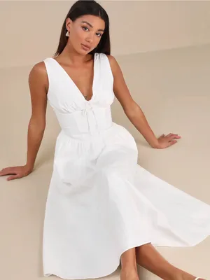 Lulus Lettie White Poplin Plunge Neck Midi Dress thumbnail 1