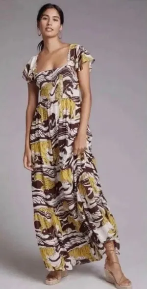 By Anthropologie Leopard Print ruffled maxi dress XL Smocking Flutter Sleeve #14 thumbnail 1