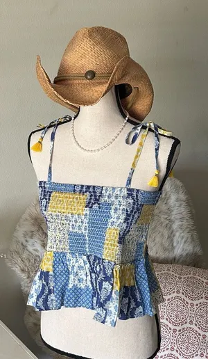 Natural life blue yellow boho floral patchwork smocked ruffle hem tops L XL​ thumbnail 1