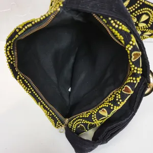 Vintage Retro Womens Bag Black Gold Beaded Studded Corduroy Purse Hong Kong thumbnail 7