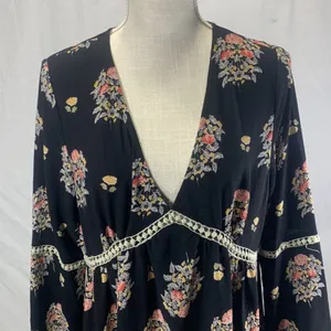 Funky Soul Long Sleeve Boho Hippie Black Floral Dress Size Medium thumbnail 2
