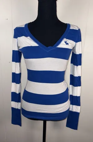 abercrombie y2k striped v neck blue white‎ think stripe xs Moose thumbnail 1