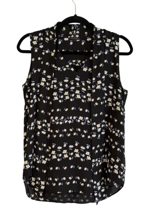 Ann Taylor Blouse Black S Women Floral Tie Neck LayeringSleeveless Office Casual thumbnail 1