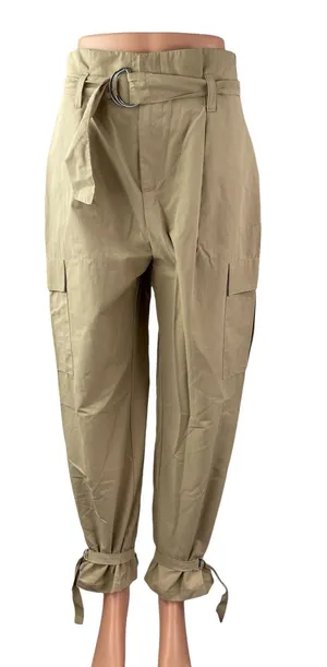 Zara Women's Beige High Rise Pleated Belted Baggy Tapered Trousers Cargo Pants S thumbnail 1