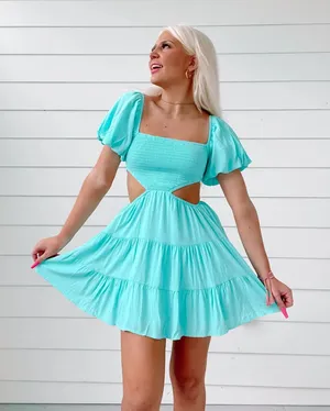 NWT Women’s WAPG Raegan Blue Teal Cutout Mini Dress size Medium thumbnail 1