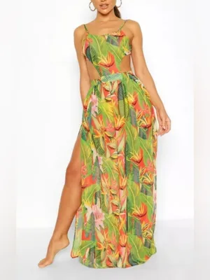 Boohoo Beach Green Tropical Cutout Maxi Dress with Pink & Orange Floral Print thumbnail 2
