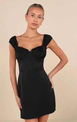 Lulus Perfected Aesthetic‎ Black Satin Ruffled Bustier Mini Dress Size S thumbnail 1