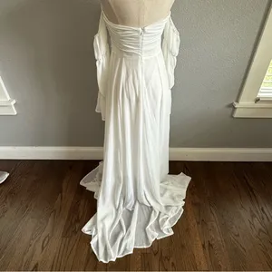 White Off Shoulder Flounce Sleeve Ruched‎ Chiffon Maxi Dress Size Small thumbnail 6