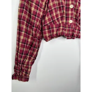 Eggka Peasant Milkmaid Crop‎ Top Red Cream Plaid Long Sleeve Button Front Small thumbnail 3