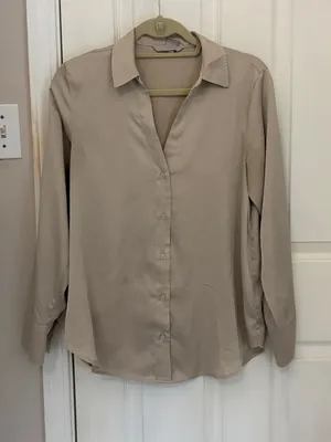 H&M Silky V-Neck Button Down Blouse in Light Taupe thumbnail 2