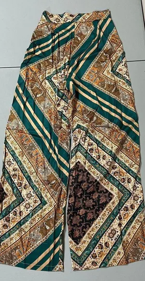 Green Brown Floral Paisley Print Satin Flare Pants Bottoms Wide-Leg Trousers Size XS 🌻✨ thumbnail 2