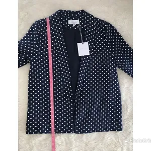 L’ACADEMIE Polka‎ Dot Linen Blazer Medium Navy Blue White Boyfriend Open Front thumbnail 15