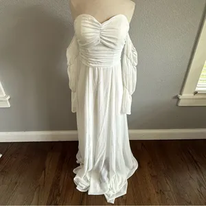White Off Shoulder Flounce Sleeve Ruched‎ Chiffon Maxi Dress Size Small thumbnail 4