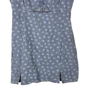 Aeropostale Butterfly Print Denim Mini Dress Blue Y2K Cutout Tie Front Size L thumbnail 3