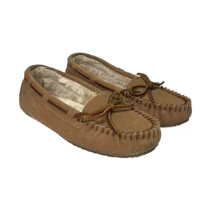 Minnetonka Cally Moccasin Slippers Womens 7M Brown Leather Faux Fur Cozy Cabin thumbnail 2