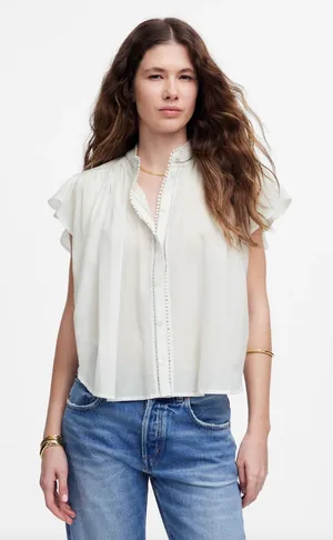 Madewell Shirred Lace Trim Top Blouse Cotton Viscose Lightweight White Large NWT thumbnail 1