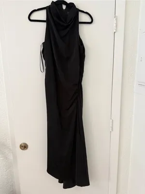 Donna Karan New York Black Satin Halter Midi Dress Ruched Side Slit Size‎ 4 thumbnail 3