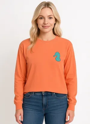 Women's Benny & Belle Long Sleeve Tee M Orange Blue Seahorse thumbnail 1
