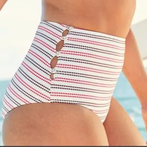 Aerie High Waist Bikini Bottom in Cream with Red and Brown stripes size large thumbnail 1