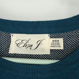 Eliza J Teal Blue Floral Knit Long Sleeve Fit‎ & Flare Sweater Dress Medium thumbnail 3