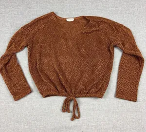 Free Kisses Sweater Womens Small Brown V Neck Drawstring Hem Knit Pullover thumbnail 1