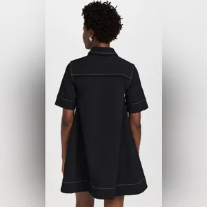 GANNI NEW Sable Topstitch Crepe Swing Button Front Mini Dress Black Sz 36 SNAGS thumbnail 3