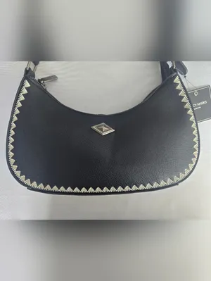 Black Women's‎ Shoulder Bag with Contrast Embroidered Stitching thumbnail 5