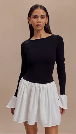 Meshki Sansa Knit And Linen Mini Dress - Black & White thumbnail 1