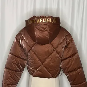 NWT!! TRUE RELIGION High-Shine Metallic Hooded Puffer Jacket Bronze Large thumbnail 12