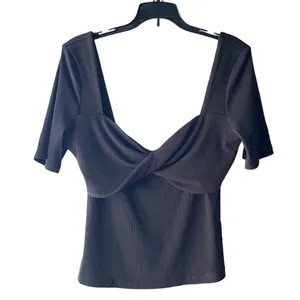 Runaway New 90s inspired black ribbed twist front Crop Top Minimalist basic thumbnail 2
