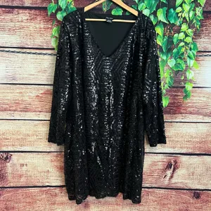 City Chic Long Sleeve Black Sequin Midi Dress 2XL XXL NYE Formal Holiday Black thumbnail 2