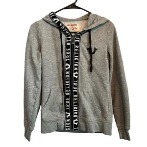 True Religion Logo Tape Zip Up Hoodie Gray Y2K Streetwear Sweatshirt Size Small thumbnail 2