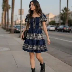 Navy Paisley Tiered Milkmaid Mini Dress Puff Sleeve Square Neck Smocked XS thumbnail 2