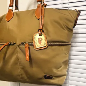 Dooney & Bourke Nylon Satchel Bag Khaki Tan Leather Trim Pockets Hot Pink‎ thumbnail 3
