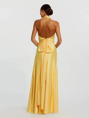 Mac Duggal 49728 Yellow Ruched Halter Neck Tie Back Satin Gown sz 2 NEW thumbnail 2